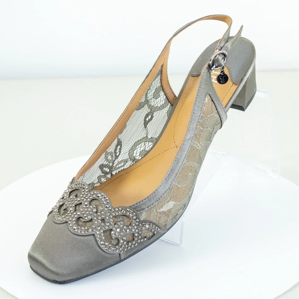 J. Renee Faleece Slingback Lace Rhinestones Gray Blocked Heel Women’s Shoes 9.5M - Picture 7 of 8